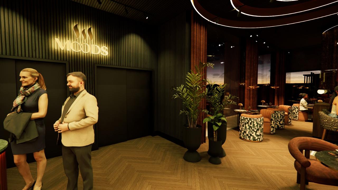 Lounge entrance with the Moods signage, herringbone timber floors and softly upholstered seating.